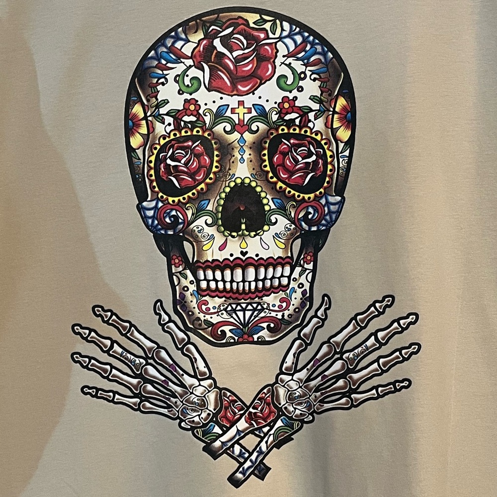 Colorful sugar skull with hands. NWOT